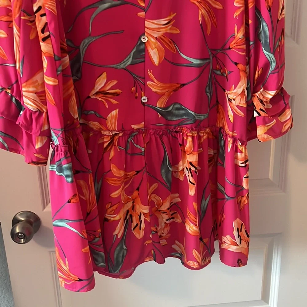 Peach Love California pink floral drop waist mini dress SZ L indie boho ruffle - Picture 3 of 13